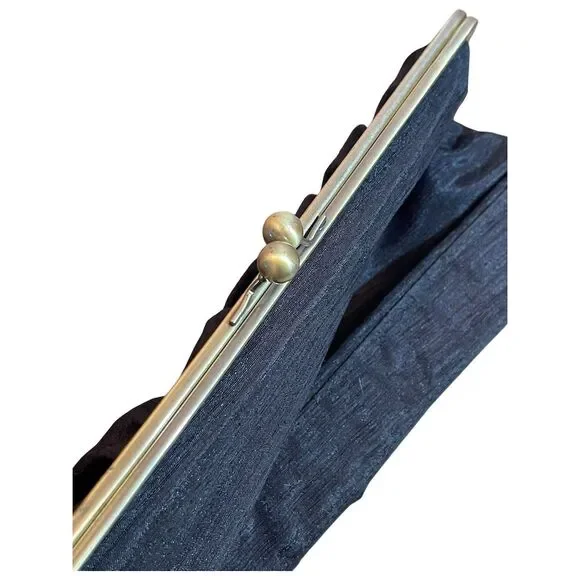 Vintage Black Clutch Gold Frame Kiss Clasp Women's Formal Bag Satin Finish - Picture 16 of 16